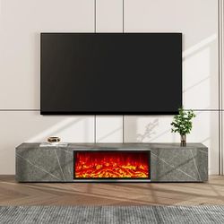 Modern Light Luxury Electric Fireplace TV Stand with LED Flame Effects, Adjustable in Multiple Colors, with 2 Drawers, Matte Sintered Stone, Gray, 78.74"
