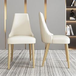 Modern Beige Dining Chair PU Lether Upholstery (Set of 2), Golden Stainless Steel Legs, Assembly Needed