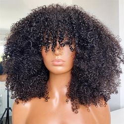 Afro Kinky Curly Wig With Bangs Full Machine Made Scalp Top Wig 180 Density Virgin Brazilian Short Curly Human Hair Wigs Natural Color