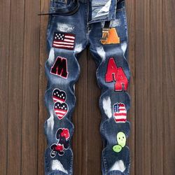 Men's Denim Pants With Funny Ornaments, Spring Fall Creative Jeans For Males