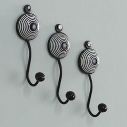 'Set of 3 Ceramic Coat Hooks with Hand-Painted Spiral Motifs'