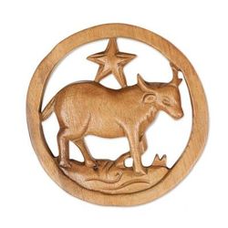 'Taurus-Themed Hand-Carved Round Suar Wood Relief Panel'