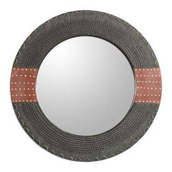 Ahoufe Dots,'Dotted Wood and Aluminum Round Wall Mirror from Ghana'