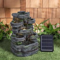 TEMU Solar-powered Led Cascading Water Fountain For Outdoor Garden Decor - Resin Stone Stack Design, Energy-efficient Water Pump, 31x25.5x46cm, Solar Water Fountain