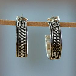 Elegant Fretwork,'Classic Embossed Taxco Silver Half-Hoop Earrings'