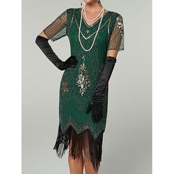 Anni Ruggenti Anni 1920 Lunghezza al ginocchio Vestito Abito Flapper Abito da Ballo Maniche corte Il grande Gatsby Charleston Paillettes Frangia con nappe Scollo a V Costume Per donna Carnevale