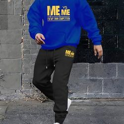 Me Vs Me I Am My Own Competition Print Men's 2pcs Outfits Casual Crew Neck Long Sleeve T-shirt Hooded Sweatshirt & Drawstring Sweatpants Joggers Set For Winter Fall Men's Clothing