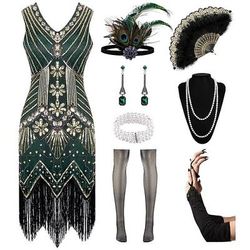 Anni Ruggenti Anni 1920 Lunghezza al ginocchio Abito Flapper Abiti Set di accessori Senza maniche Il grande Gatsby Ragazza Flapper Invitato al matrimonio Paillettes Frangia con nappe Scollo a V