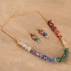'Gold-Toned Multi-Gemstone Necklace and Earrings Jewelry Set'