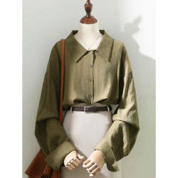 Chemise à manches longues en pansement coréen pour femme, haut surdimensionné, col polo, décontracté, vintage, vert, à la mode, bureau, dame, designer