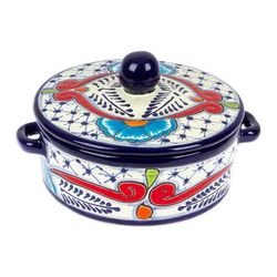 Marvelous Flowers,'Mexican Talavera Style Blue and Red Ceramic Tortilla Warmer'