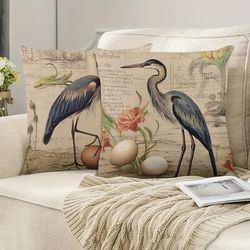 TEMU 2-pack Rustic Heron Print Linen Pillow Covers 17.72x17.72 Inches, Modern Country Style Square Cushion Cases, One-sided Print, Soft & Comfortable Home Decor For Daily Use (insert Not Included)