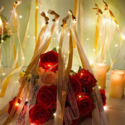 10/30/50/80Pcs Wedding Ribbon Fairy Wands With Lights Glow in the Dark Silk Streamers Bell Flashing Lace Stick for Wedding Party