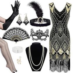 Anni Ruggenti Anni 1920 Lunghezza al ginocchio Abito Flapper Abiti Abito da Ballo Senza maniche Il grande Gatsby Charleston Invitato al matrimonio Paillettes Frangia con nappe Piuma Scollo a V Costume