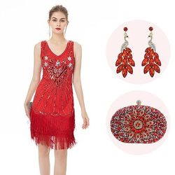 Anni Ruggenti Anni 1920 Lunghezza al ginocchio Abito Flapper Abiti Senza maniche Il grande Gatsby Invitato al matrimonio Paillettes Frangia con nappe Scollo a V Costume Per donna Natale Carnevale