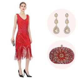 Anni Ruggenti Anni 1920 Lunghezza al ginocchio Abito Flapper Abiti Senza maniche Il grande Gatsby Invitato al matrimonio Paillettes Frangia con nappe Scollo a V Costume Per donna Natale Carnevale