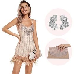 Anni Ruggenti Anni 1920 Mini Abito Flapper Abiti Senza maniche Il grande Gatsby Invitato al matrimonio Paillettes Piuma Scollo a V Costume Per donna Natale Carnevale Mascherata Festa serale Halloween