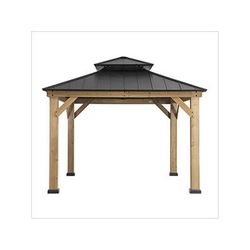Sunjoy Group 11 x 11 Wooden 2-Tier Hardtop Gazebo with Ceiling Hook (Black Roof)