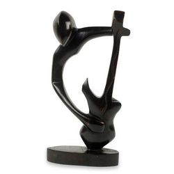 Bass Guitar Man,'Hand Carved Teak Modern African Music Theme Sculpture'