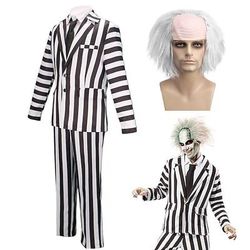 abiti di abiti di beetlejuice amp; blazer a righe da uomo per halloween, carnevale, feste per adulti, con parrucche in costume