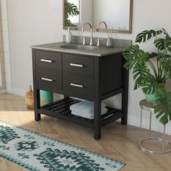 Randolph Morris Everett 36 Inch Birch & Oak Solid Wood Single Sink Console Vanity with Oval Integral Sink and Concrete Gray Countertop - Black RMV536-MB-CG