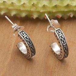 Woven Fate,'Traditional Sterling Silver Half-Hoop Earrings from Bali'
