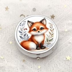 TEMU Adorable Fox-themed Compact Pill Organizer - Portable Metal Case For Pills & Vitamins, Perfect Travel Companion