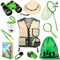 TEMU Green Outdoor Exploration Set For Kids, Boys Girls 3-12 Years Old Explorer Kit & Bug Catcher Kit & Safari Costume Kit