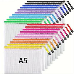 TEMU 15pcs A5 Zippered Mesh File Bags In 10 Colors - Waterproof Pvc, Office Supplies & Cosmetic Travel Storage