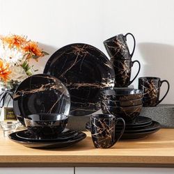 TEMU 16pcs Porcelain Gold Ceramic Dinnerware Sets With , Dessert Plate, Cereal Bowl And Mugs, Service For 4