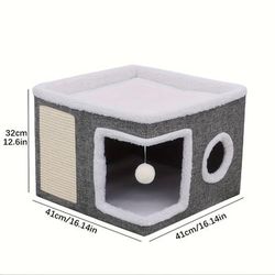 TEMU Dual-layered Nylon Cat House Condo With Enclosed Cat Cave, Foldable Indoor Cat Bed, Universal Seasonal Kitty Nest Sofa, Sisal Scratching Board, Non-slip - Cat Scratcher Mat Included