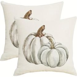 TEMU 2pcs Autumn Harvest Linen Throw Pillow Covers - White & Teal Grey Pumpkin Design, Perfect For Thanksgiving Decor, Zip Closure, Machine Washable - 16x16, 18x18, 20x20 Inches (pillow Not Included)