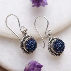 Sparkling Intuition,'Classic Blue Drusy Quartz Cabochon Dangle Earrings'