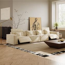 145.28"Minimalist Power Reclining Sofa, 2 Recliners, Anti-scratch Fabric, Living Room, Beige