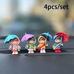 TEMU 4pcs Cute Doll Set - Creative Raincoat Design - Abs Resin Car Dashboard & Home Decor Accessories