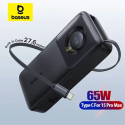 Baseus 65W Power Bank 20000mAh Built-in Retractable Cable Type C Portable External Battery PD QC For