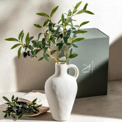 Luxurious Matte Textured 10 Inch Tall White Vase Set, Including 22 Inch Olive Branches for Vases,