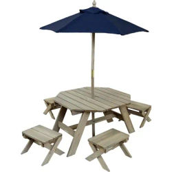 KidKraft Wooden Octagon Table, Stools & Umbrella Set, Kids’ Outdoor Furniture, Barnwood Gray & Navy