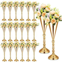 16.5 Inches Tall Gold Vase Centerpiece Wedding Flower Trumpet Tabletop Stand Table Decorative