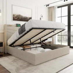 King Size Lift Up Storage Bed Frame with Charging Station, Upholstered Platform Bed Frame with