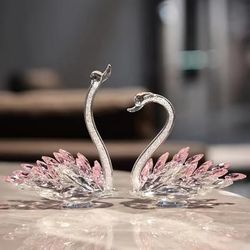 TEMU Set Of 2 Crystal Pink Anniversary Wedding Gifts For Couple, Glass Swan Figurines Collectibles Valentines Day Presents Keepsake For Parents Home Decor Christmas Gift