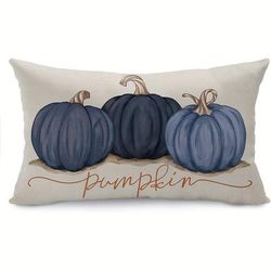 TEMU 1pc Rustic Country-style Linen Throw Pillow Cover 12x20 Inch, Thanksgiving Blue Pumpkin Ink Painting Design, Machine Washable With Zipper Closure For Home Couch Decor