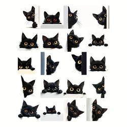 TEMU Peeking Black Cat Sticker Set - , Reusable Decals For Scrapbooking, Laptops, Journals & Crafts - Geometric White Paper Stickers With Sparkle Accents