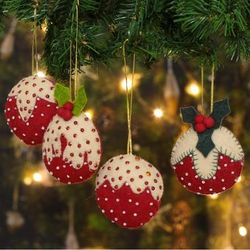 'Set of 4 Strawberry-Themed Red and White Wool Felt Ornaments'
