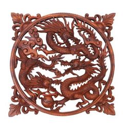 Raging Dragon Trio,'Handmade Suar Wood Panel of Fighting Dragons from Bali'
