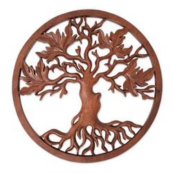 'Hand-Carved Suar Wood Relief Panel of Leafy Tree from Bali'