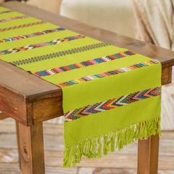 Route to the Forest,'Handloomed Striped Green Cotton Table Runner with Fringes'