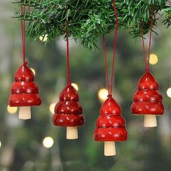 Red Jingle,'Hand-Painted Set of 4 Red Wood Channapatna Tree Ornaments'