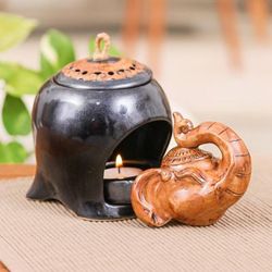 'Thai Handmade Elephant-Themed Dark Grey Ceramic Oil Warmer'
