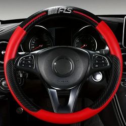 "TEMU Red & Fiber Steering Wheel Cover, Fit "-15", Breathable Pu Leather With , For Cars"